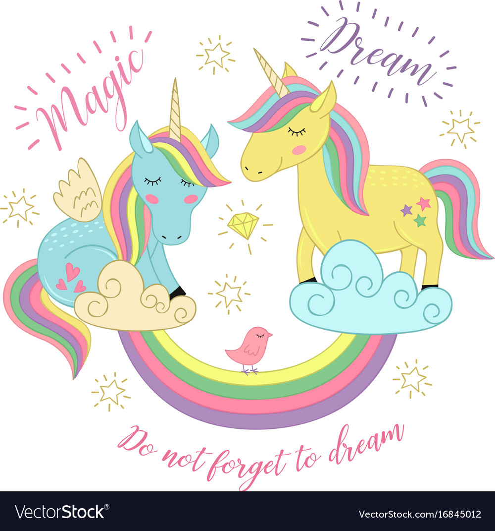 Card with unicorns on rainbow Royalty Free Vector Image