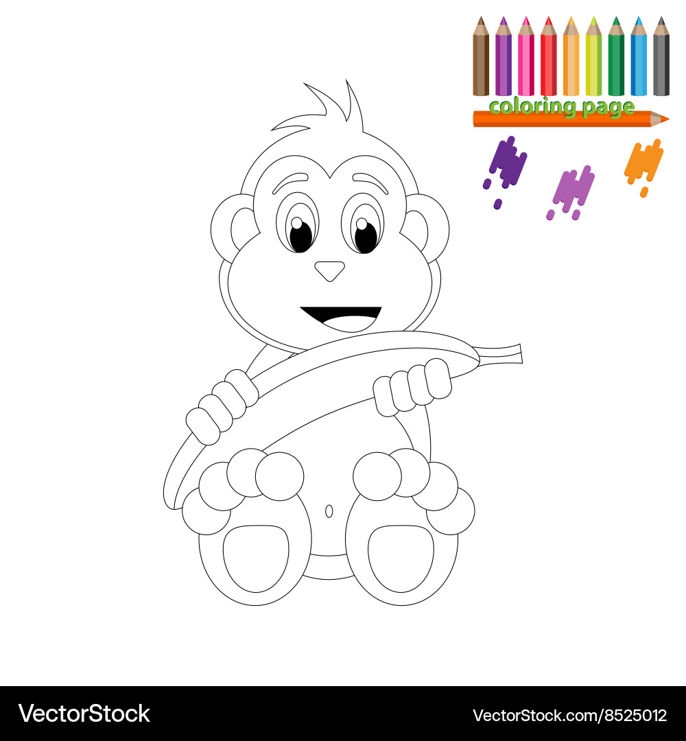 Coloring page Happy monkey with banana Royalty Free Vector