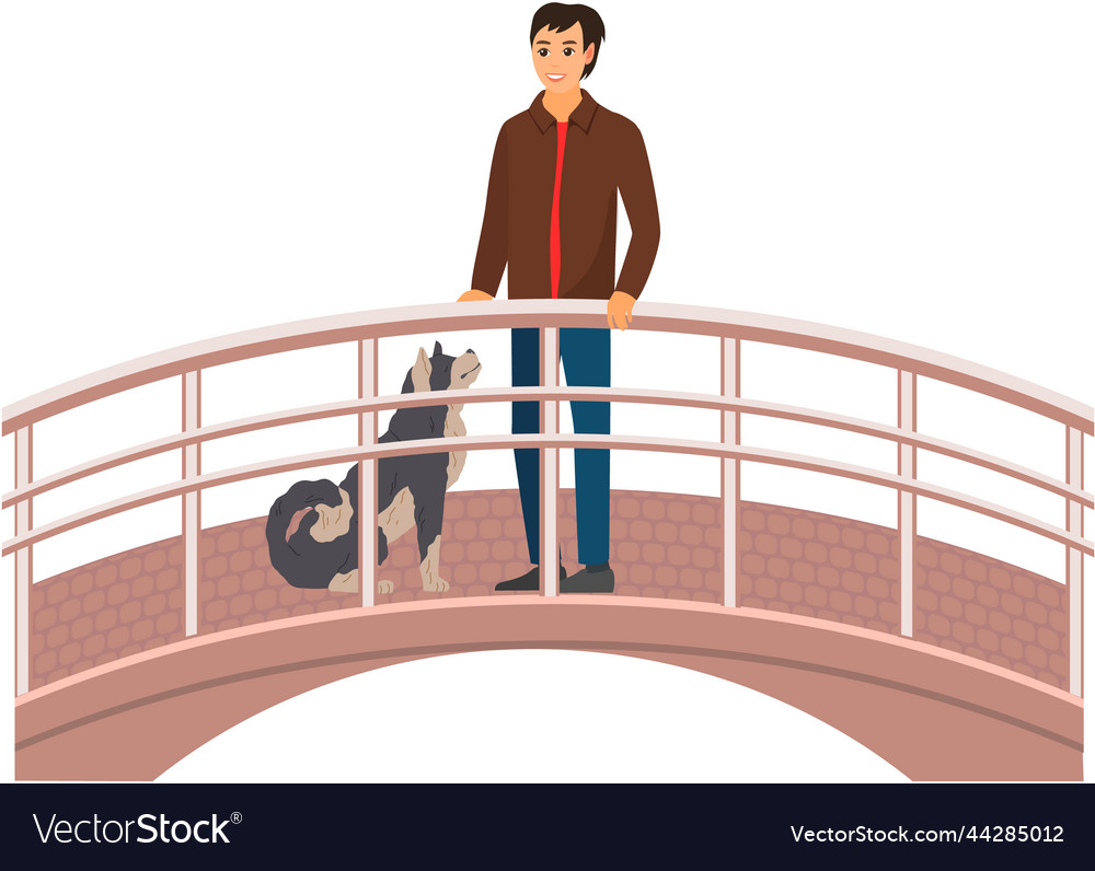 Man Walking Dog auf der Brücke