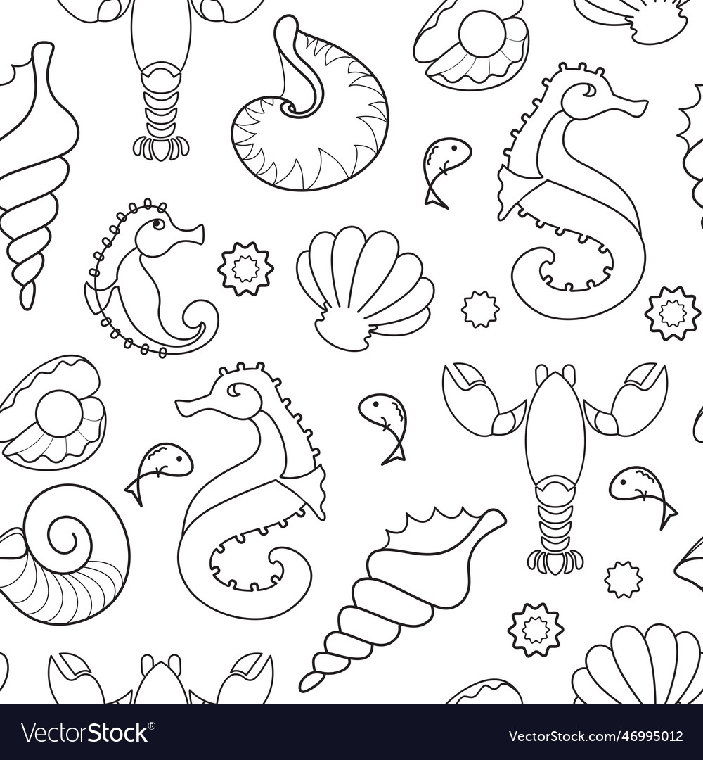 Seahorses shells tropical beach seamless pattern