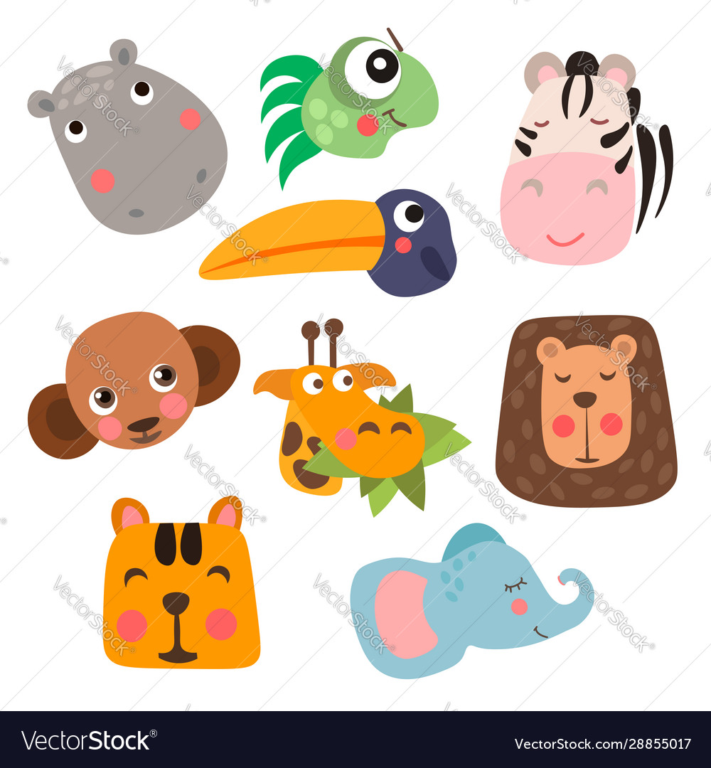 Cute safari animal faces in flat style isolated vector image Cute safari animal faces in flat style isolated