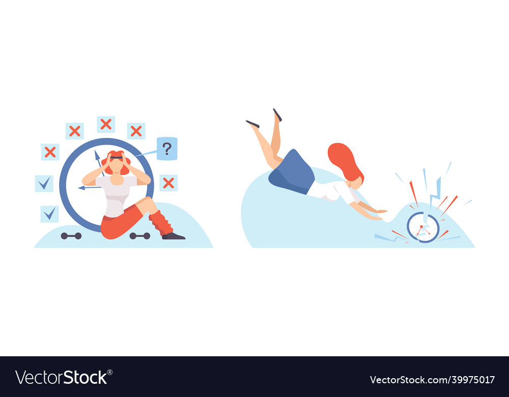 Woman with breaking clock dial failing handling vector image Woman with breaking clock dial failing handling
