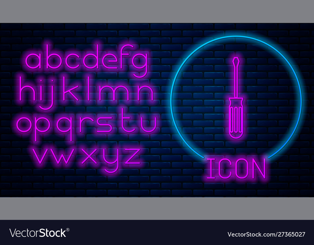 Glowing neon screwdriver icon isolated on brick