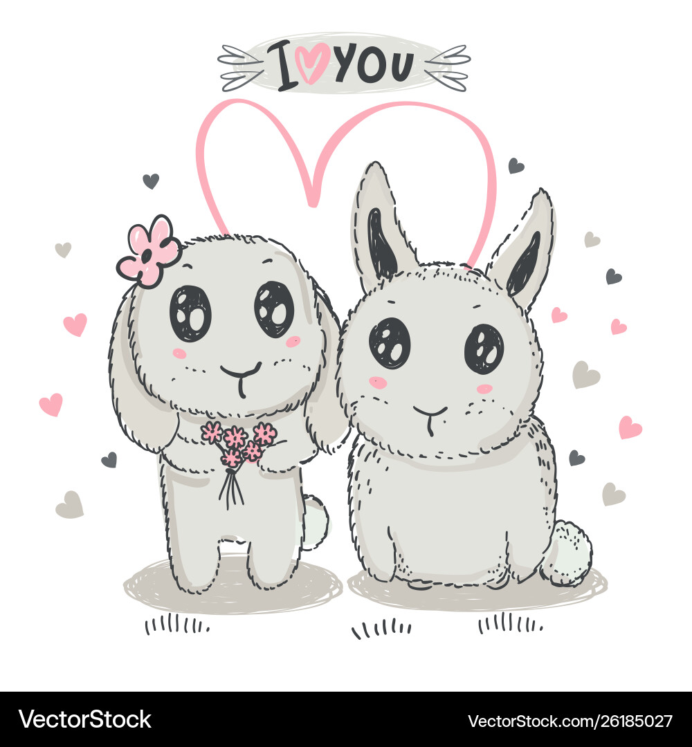 Hand drawn cute rabbits with heart Royalty Free Vector Image