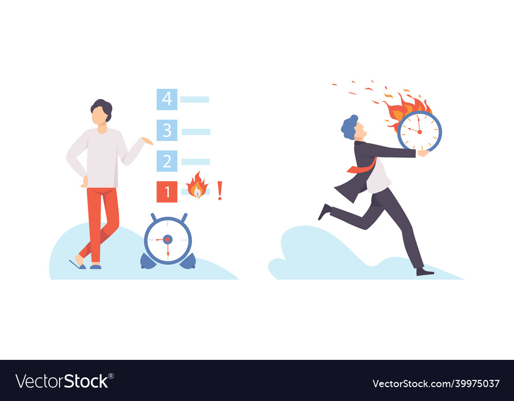 Man with burning clock dial failing handling vector image Man with burning clock dial failing handling