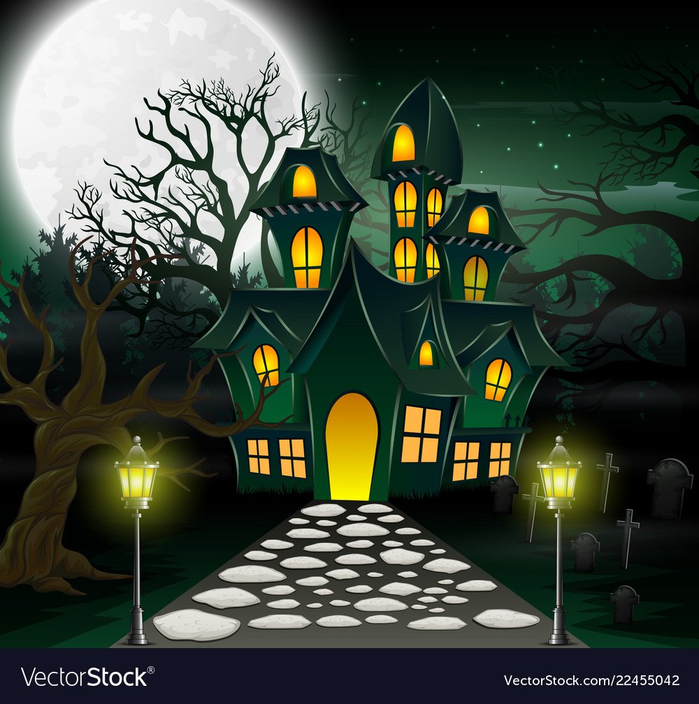 Cartoon haunted house with full moon background Vector Image