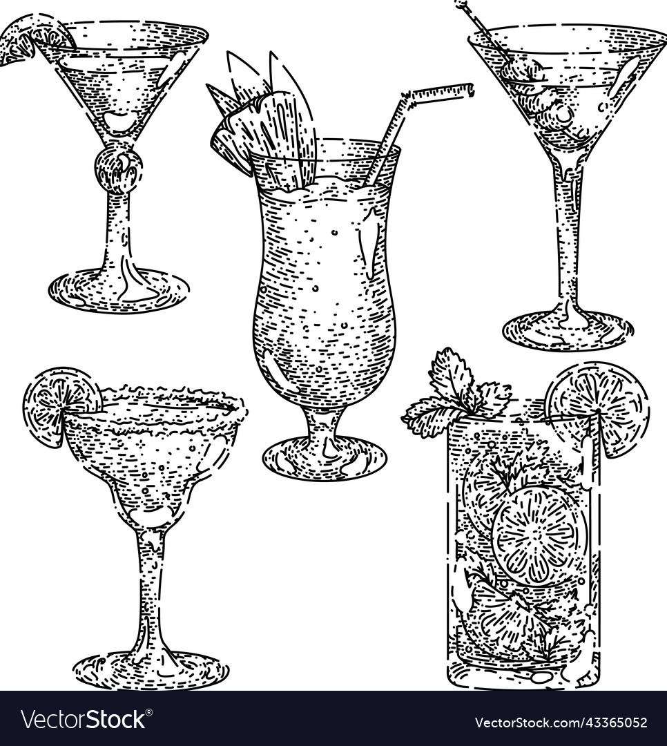 Cocktail drink set sketch hand drawn Royalty Free Vector