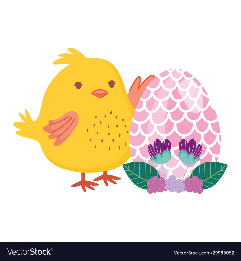 Happy easter chicken with egg flowers leaves