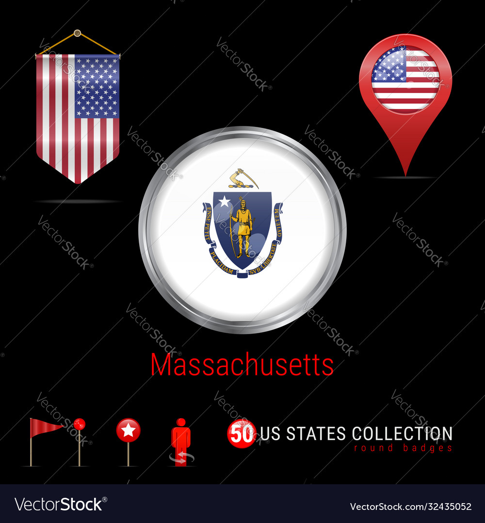 Round chrome badge with massachusetts us state vector image Round chrome badge with massachusetts us state