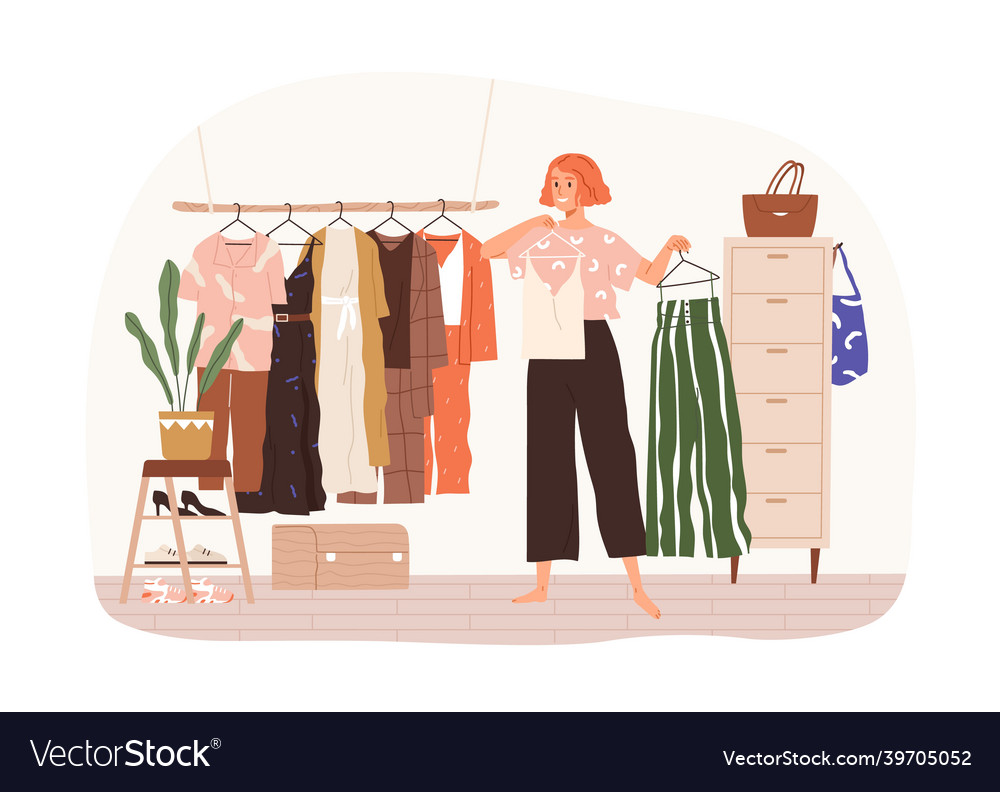 Woman in front of her wardrobe holding hangers