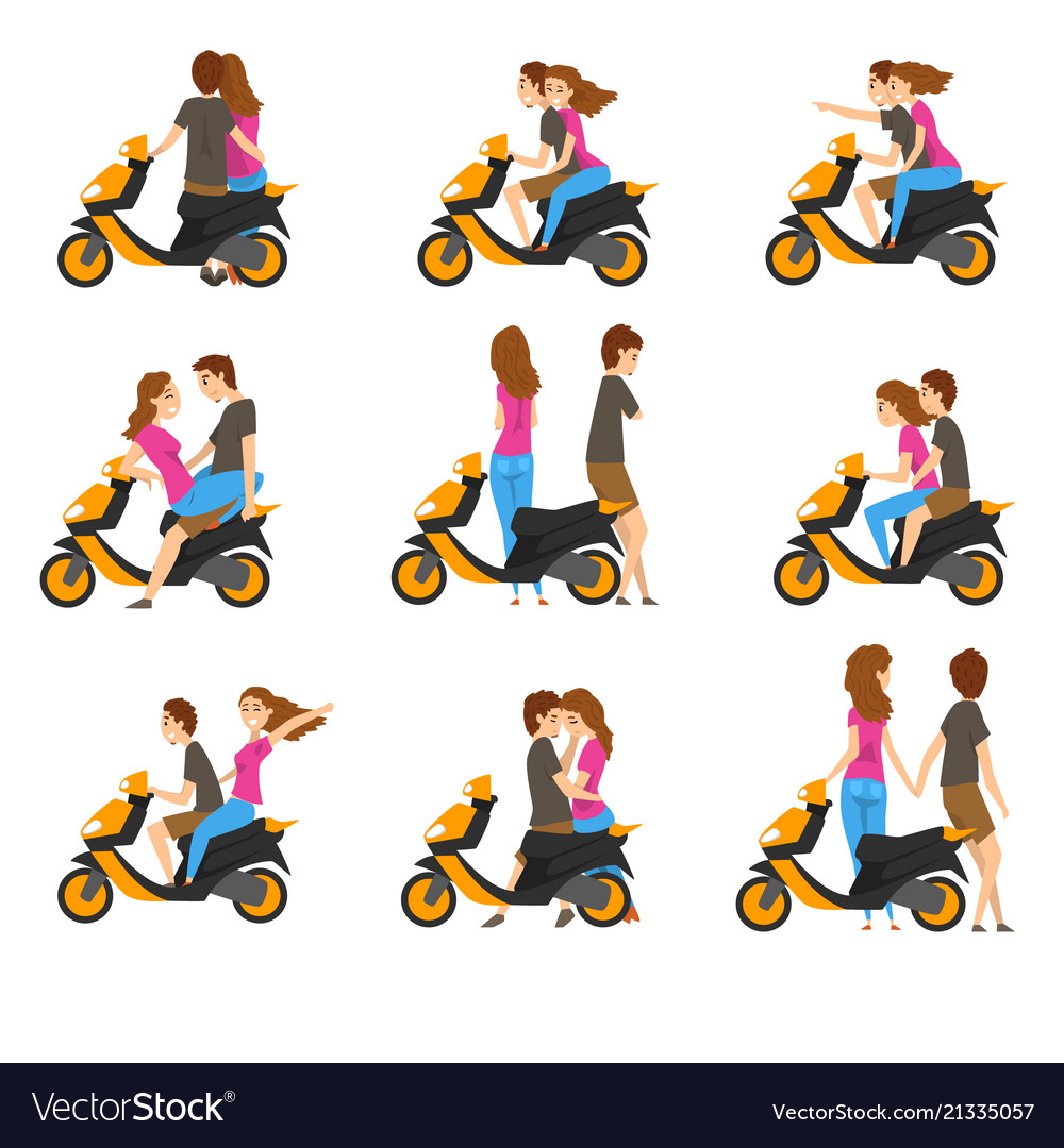 Flat set with loving couple and scooter