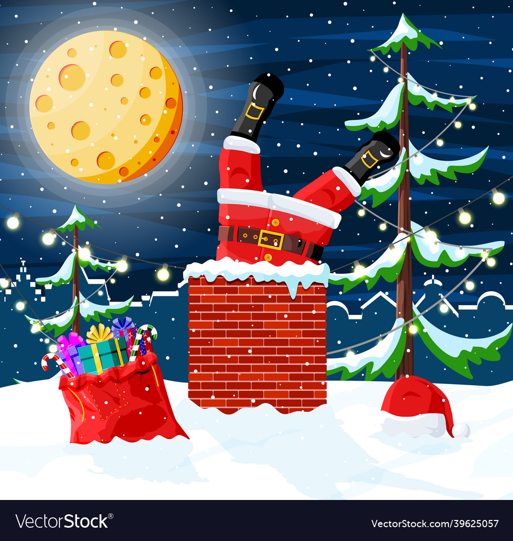 Santa claus with bag with gifts at house roof vector image Santa claus with bag with gifts at house roof