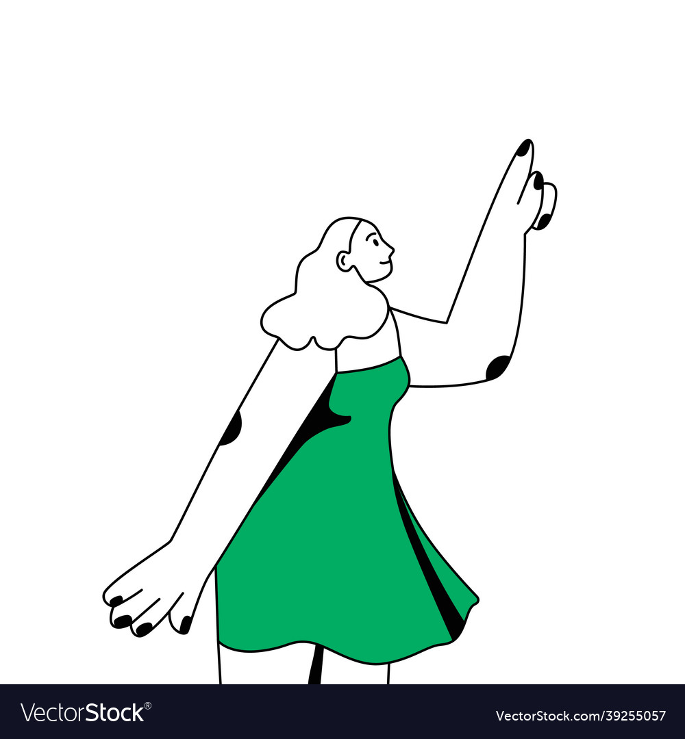 Young woman looking up and indicating at smth vector image Young woman looking up and indicating at smth