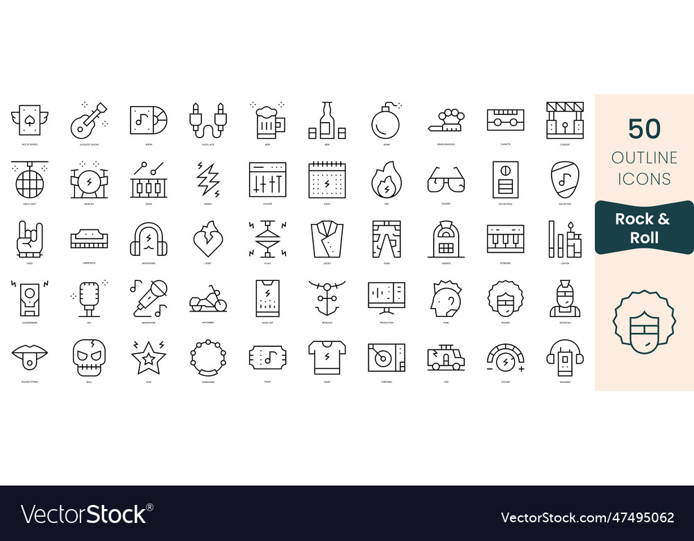 Set of rock and roll icons thin linear style