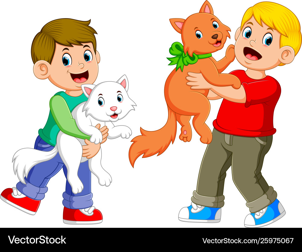 Boys are playing with their cats Royalty Free Vector Image