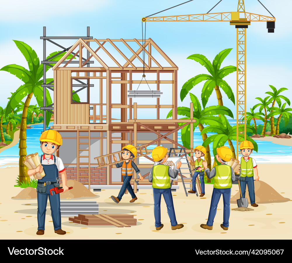 Construction site with workers Royalty Free Vector Image