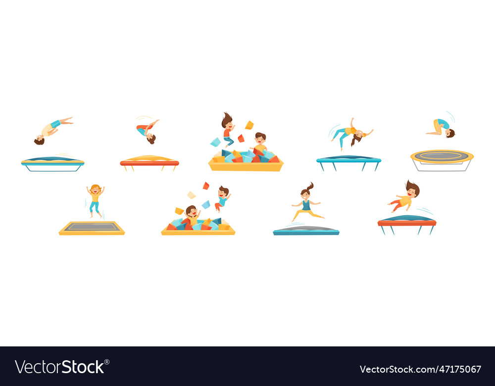 Happy kids jumping on trampoline bouncing Vector Image