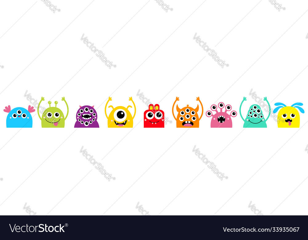 Monster Head Face Icon Set Line Happy Halloween Vector Image