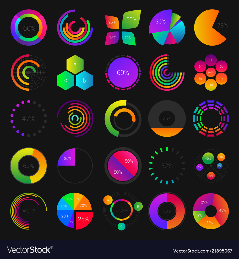 Pie and circle charts diagrams graphs Royalty Free Vector