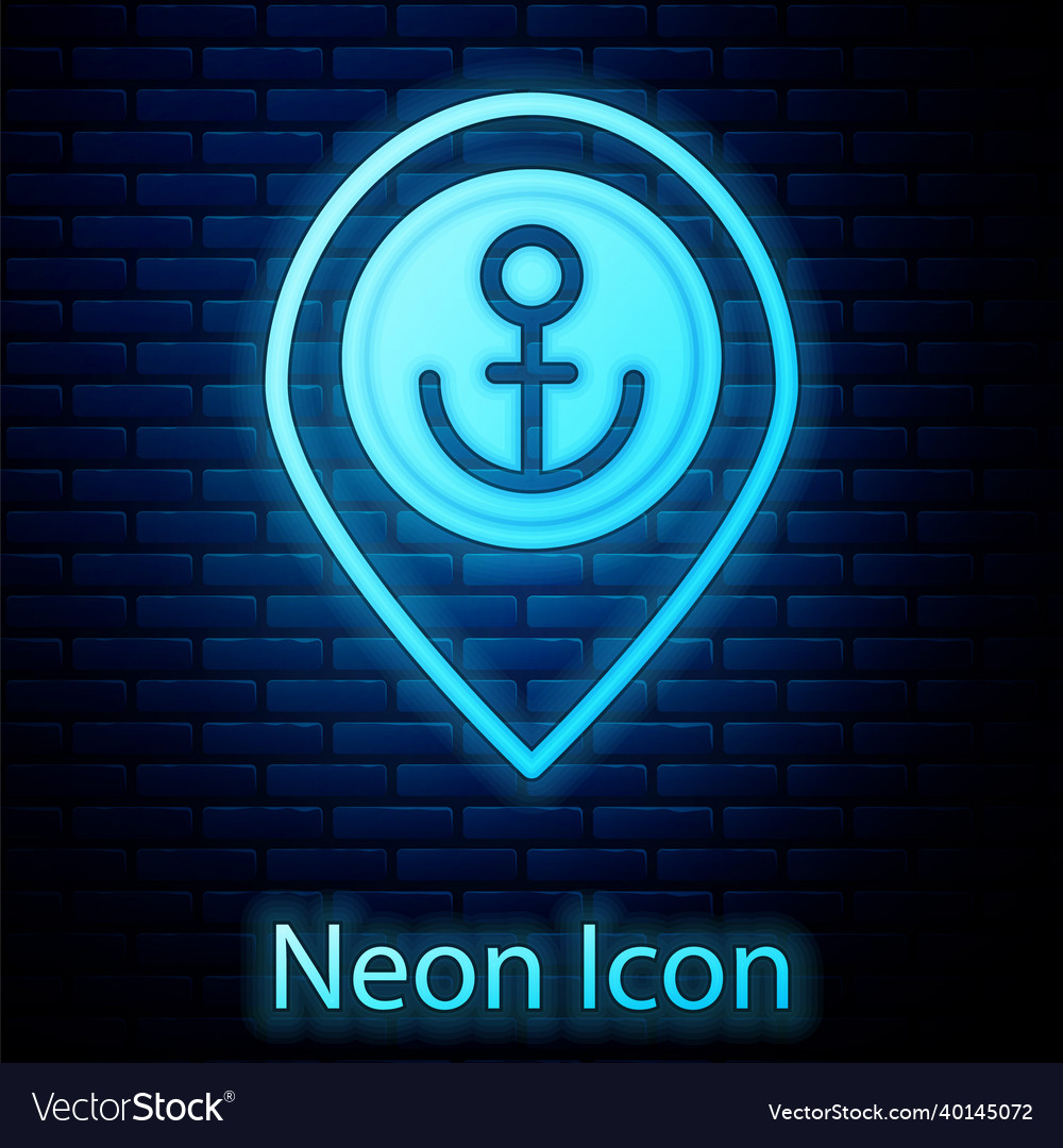 Glowing neon map pointer with anchor icon isolated