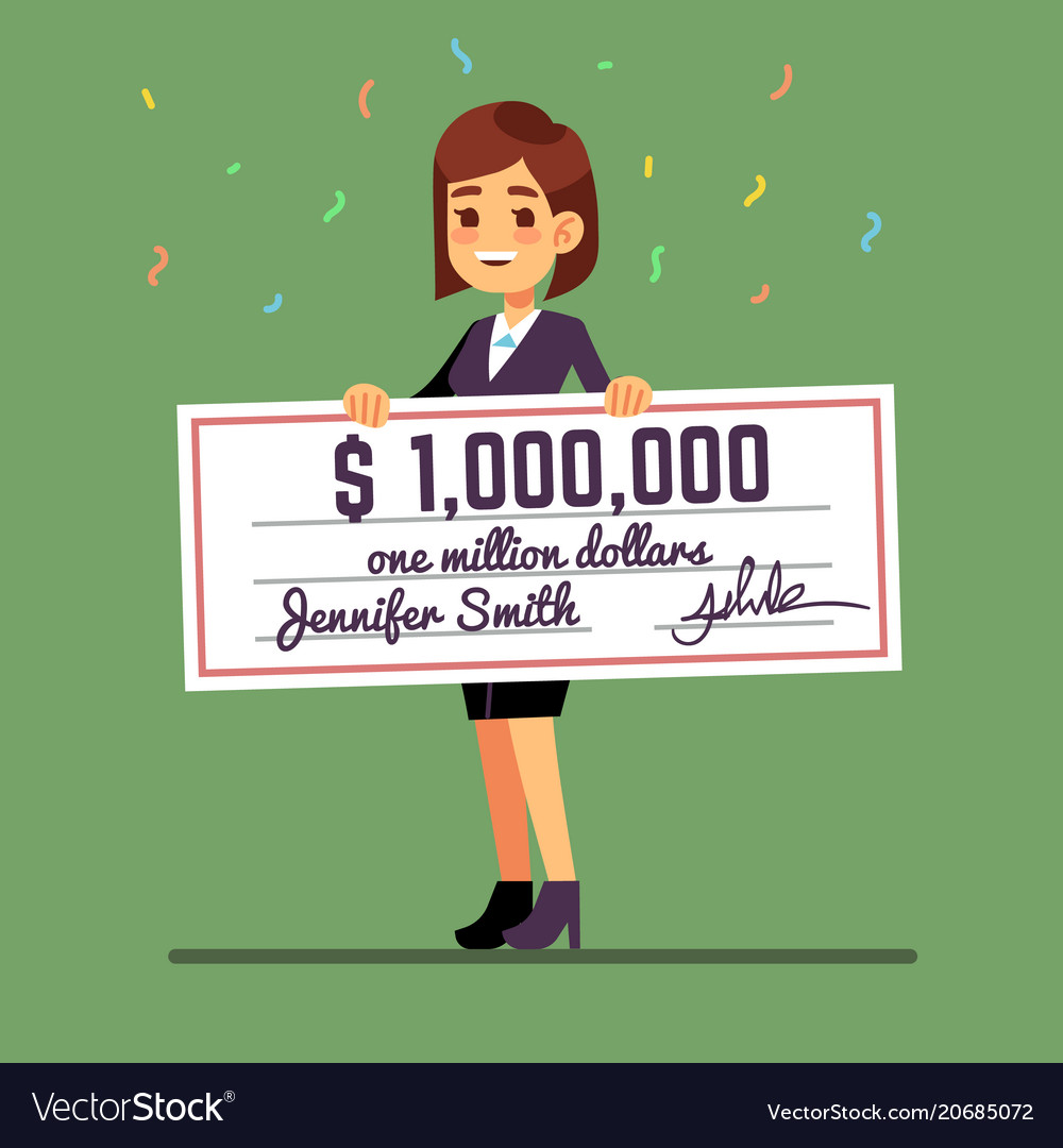 young smiling woman holding money prize check for vector image