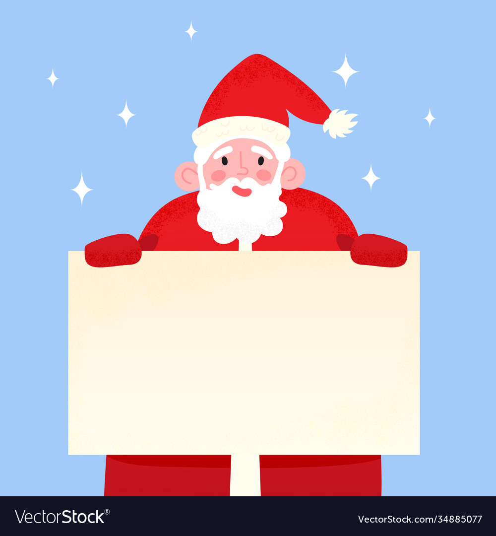 Happy santa claus holding blank signboard smiling Vector Image