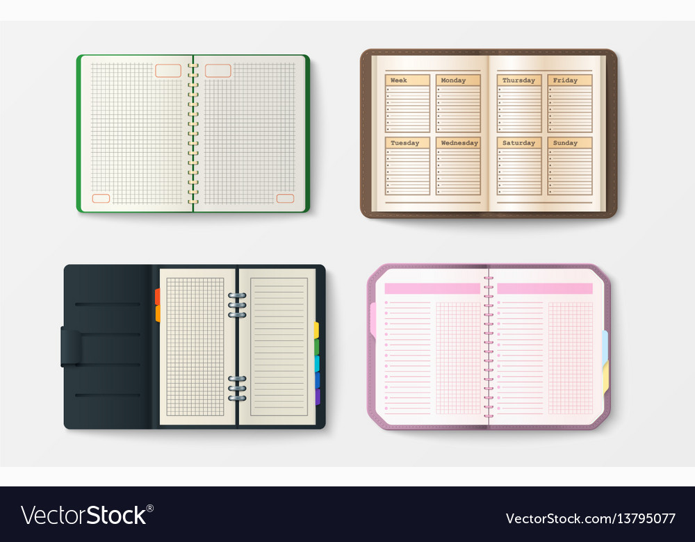Set von offenen realistischen Notebooks mit Seitentagebuch vector image Set von offenen realistischen Notebooks mit Seitentagebuch