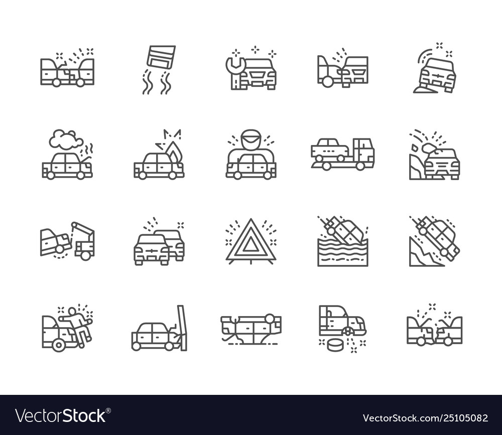 Set car accidents line icons station vector image Set car accidents line icons station