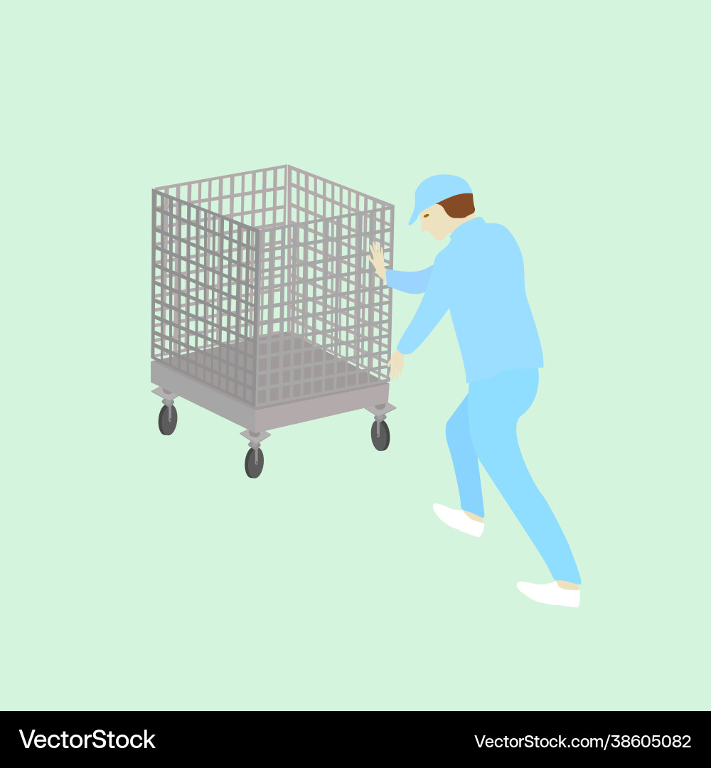 Worker with uniform pushing trolley in factory Vector Image