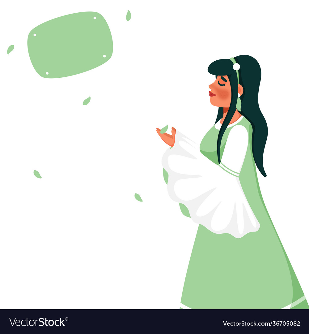 Young girl character with green leaf falling