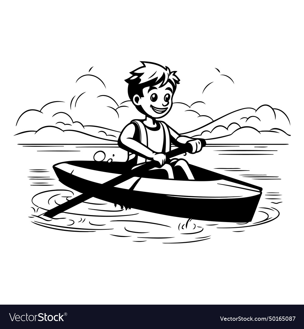 Boy rowing a boat on the river - black and white Vector Image