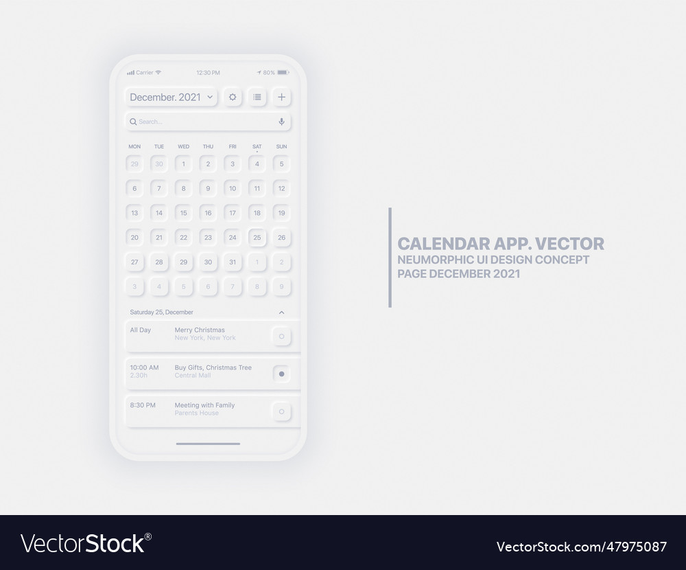 Calendar mobile app page december with task
