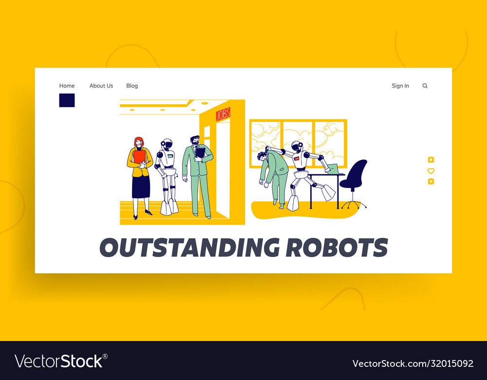 Human characters vs robots landing page template vector image Human characters vs robots landing page template