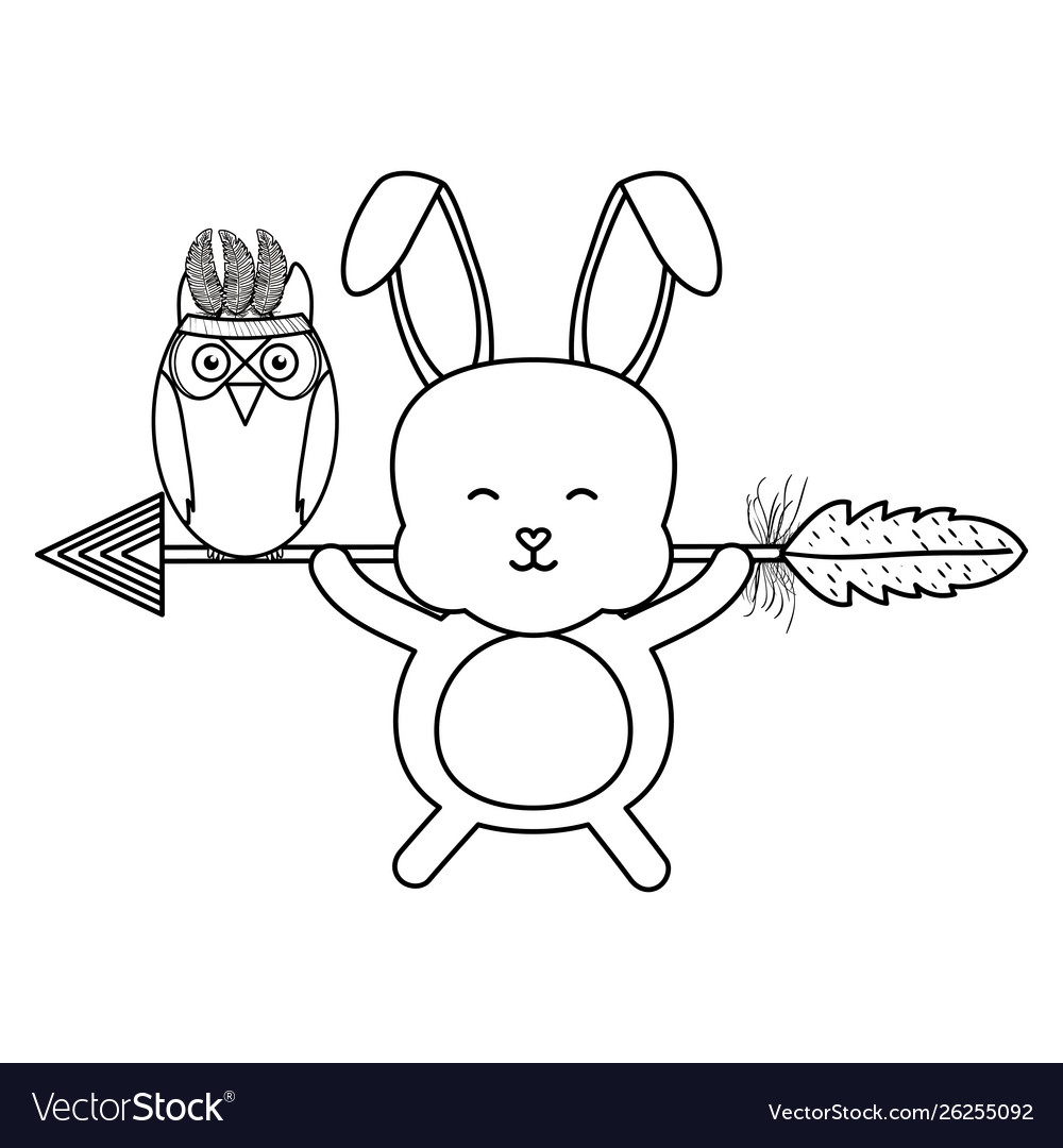 Owl bird and rabbit with feathers hat arrow