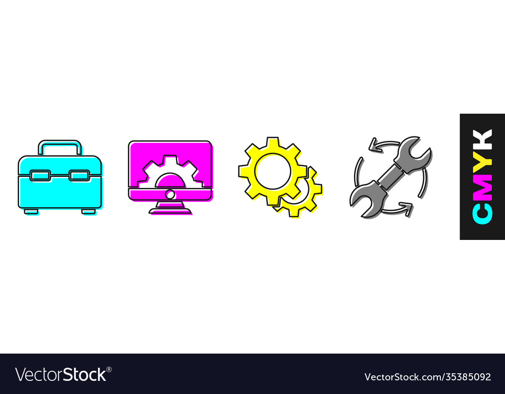 Set toolbox computer monitor and gear gear Vector Image