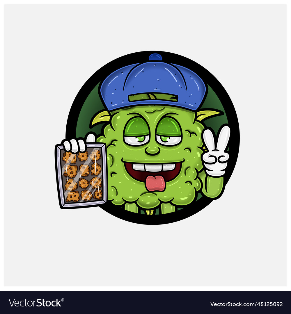 Weed bud mascot cartoon holding cookies Royalty Free Vector