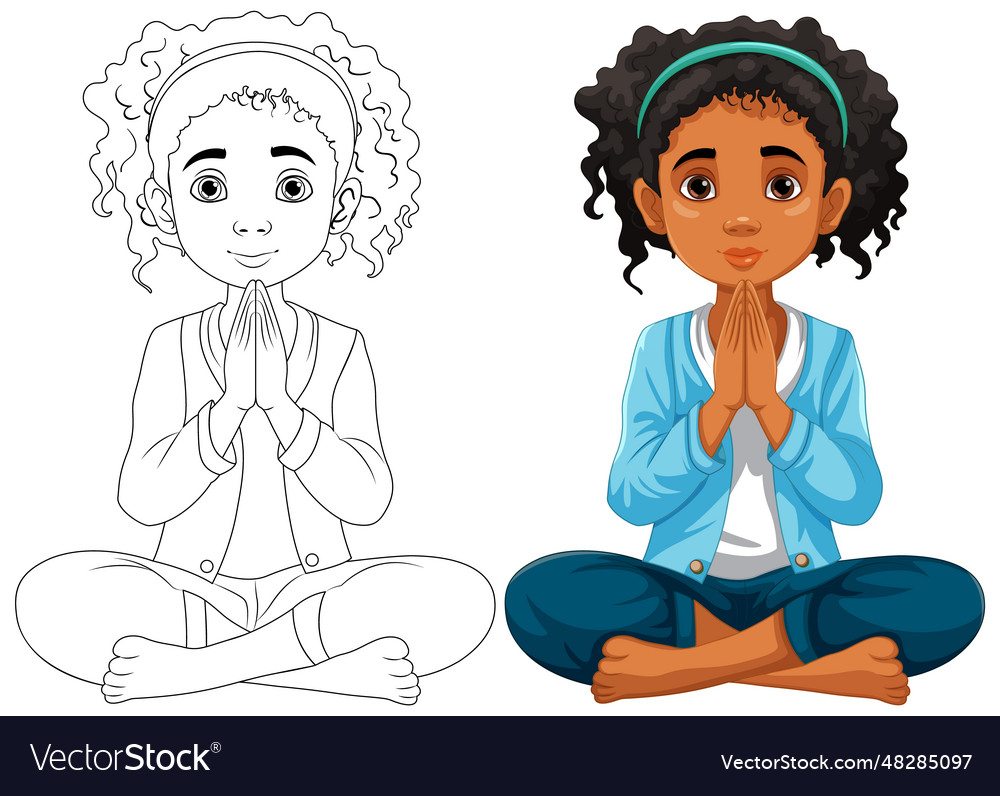 Curly-haired woman praying and meditating Vector Image