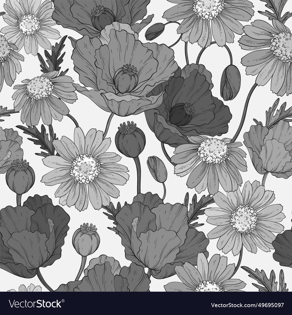 Monochrome pattern with poppy and chamomile