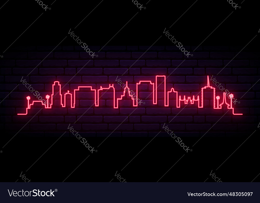 Red neon skyline of hollywood bright