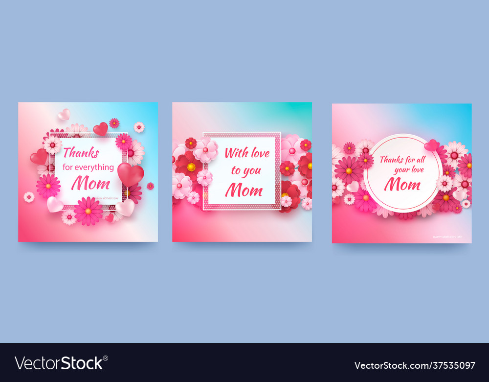 Set cards with spring flowers and hearts