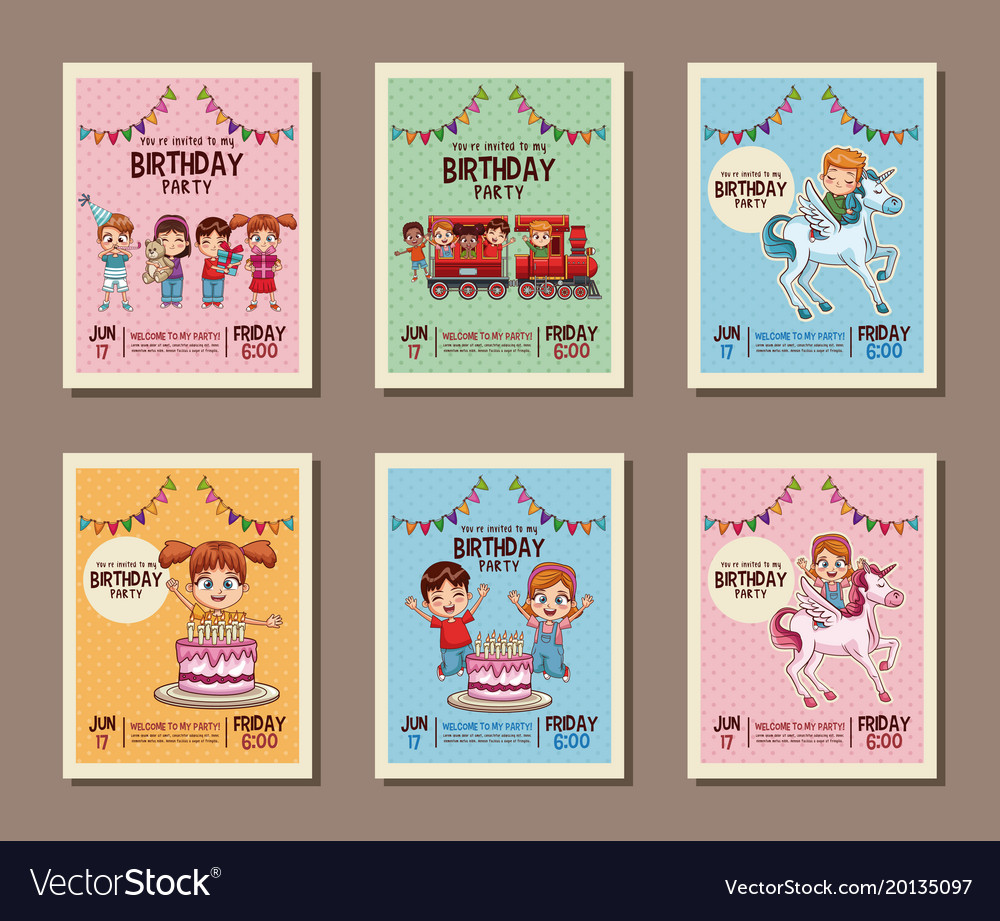 set on birthday kids party invitation card vector image kids birthday invitation card