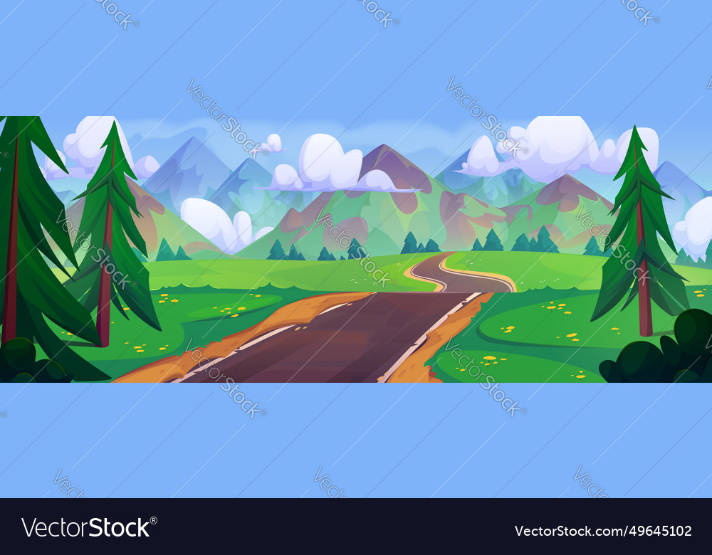 Empty curve road among green trees and mountains Vector Image