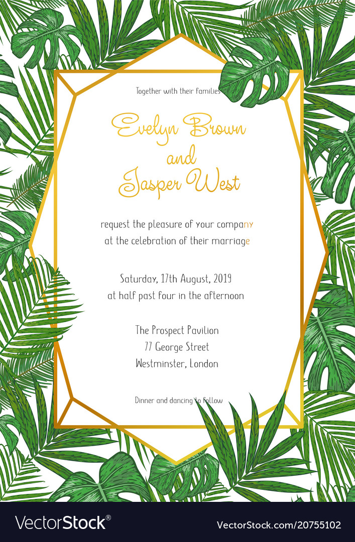 Wedding invitation in a gold frame against backg Vector Image