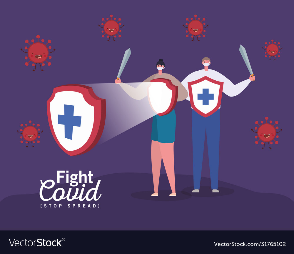 Woman and man with masks shields swords Royalty Free Vector