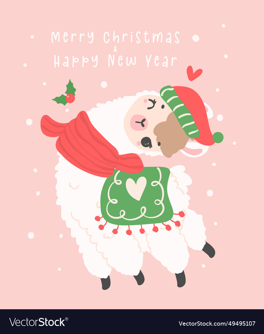 Cute christmas llama greeting card in winter