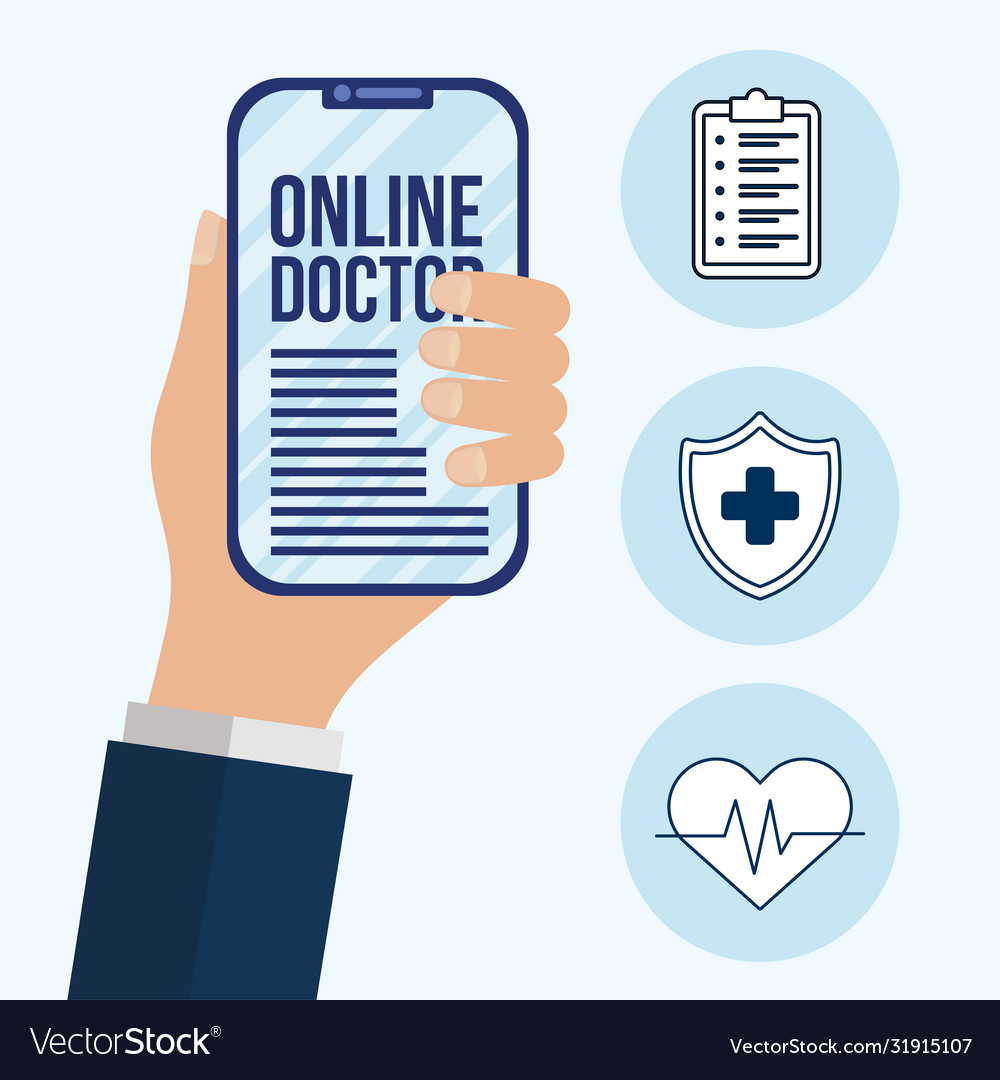 Hand holding smartphone with online doctor text vector image Hand holding smartphone with online doctor text