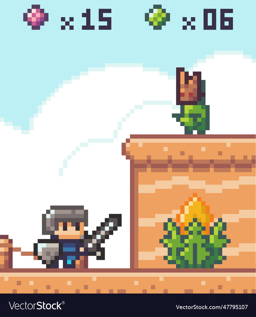 Pixel game interface knight with swird in front vector image Pixel game interface knight with swird in front