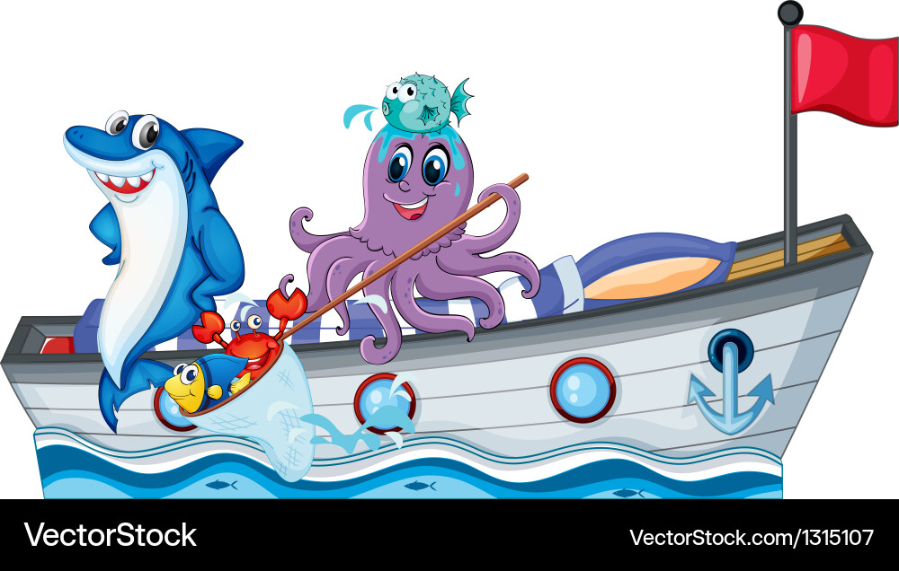 Sea creatures riding on a boat with flag Vector Image
