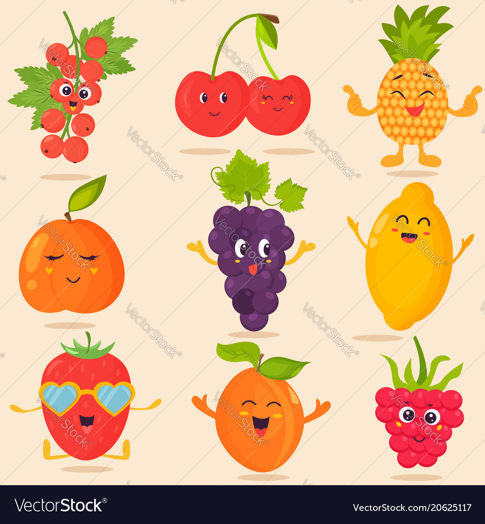 Big bright set of funny cartoon fruits Royalty Free Vector Big bright set of funny cartoon fruits Royalty Free Vector