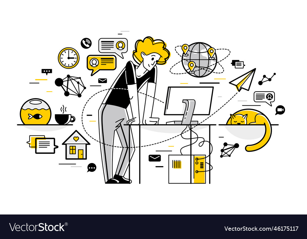 Freelancer working from home outline vector image Freelancer working from home outline